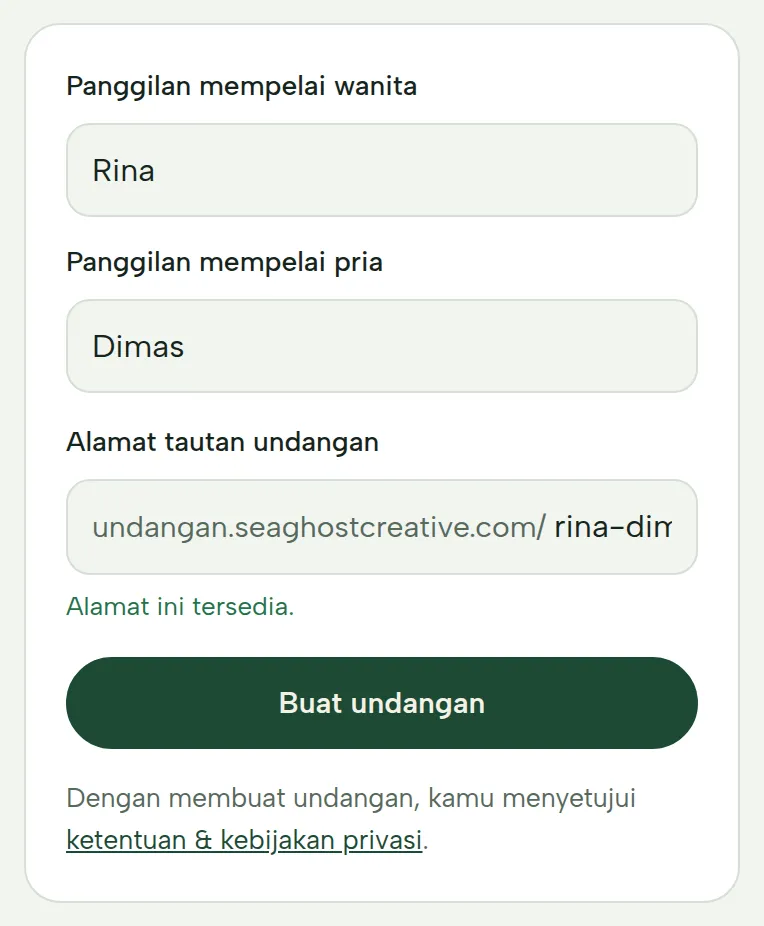 Formulir buat undangan: nama panggilan mempelai wanita dan pria, alamat tautan, tombol Buat undangan