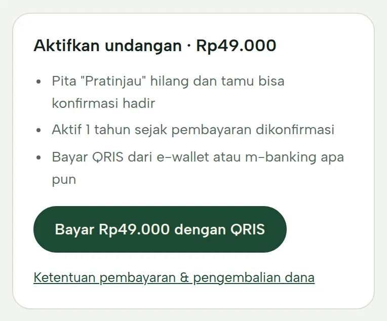 Kotak Aktifkan undangan Rp49.000 dengan tombol Bayar dengan QRIS