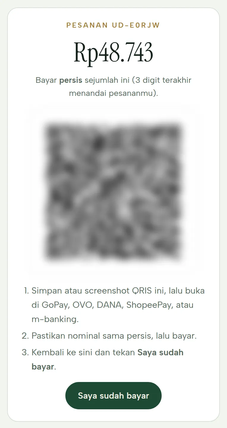 Nominal unik, QRIS (dibuat buram di panduan ini), langkah bayar, dan tombol Saya sudah bayar