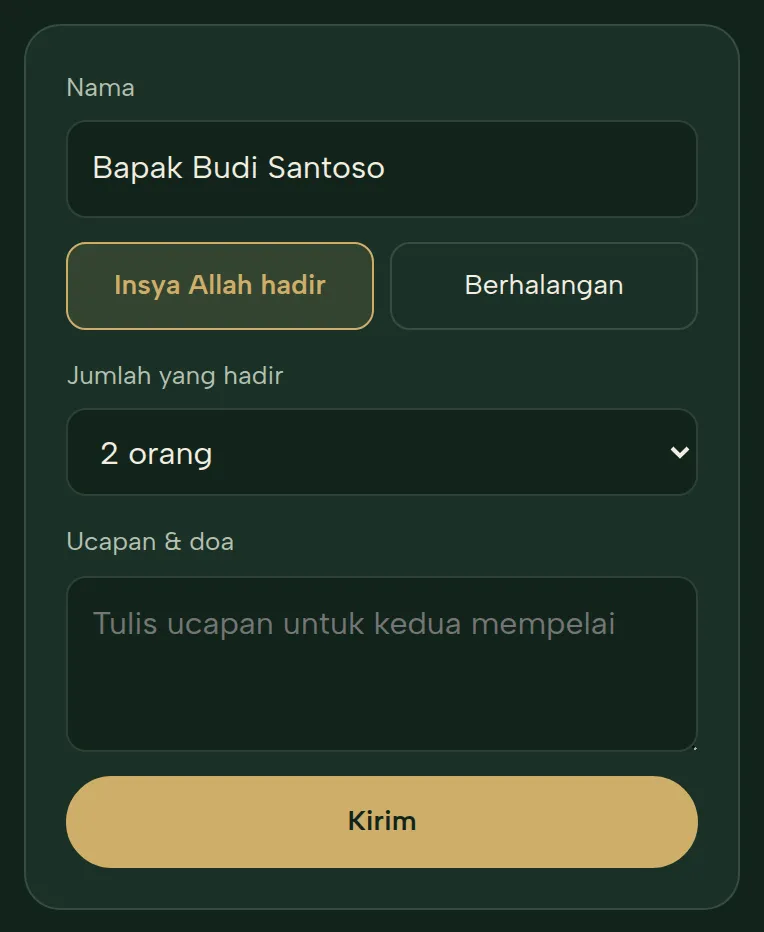 Formulir konfirmasi kehadiran: nama, hadir atau berhalangan, jumlah orang, ucapan