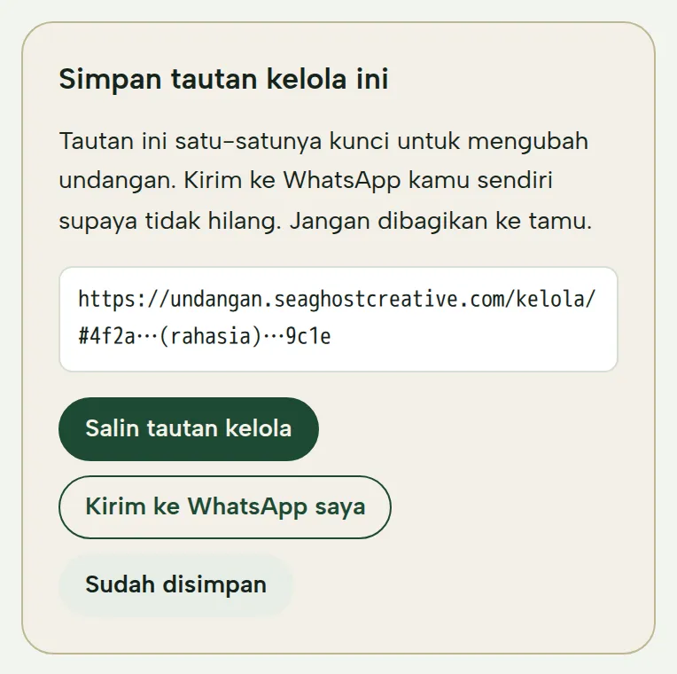 Kotak Simpan tautan kelola ini dengan tombol Salin tautan kelola dan Kirim ke WhatsApp saya
