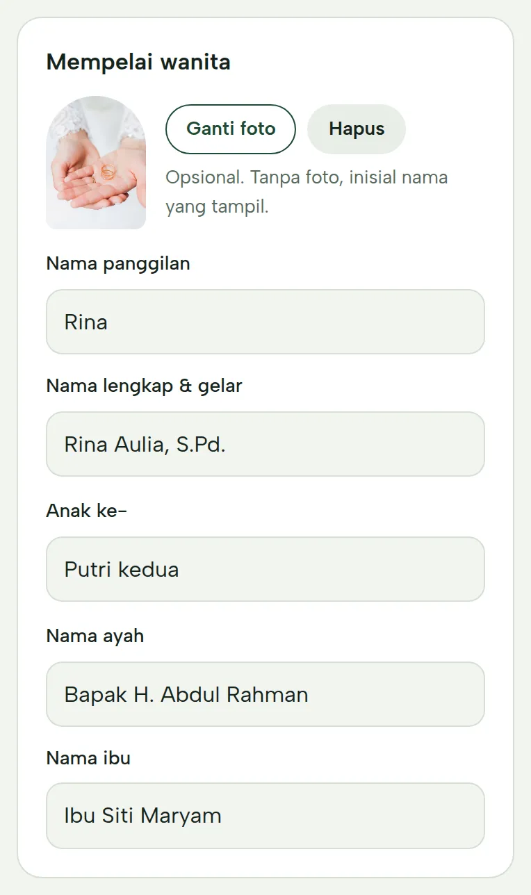 Bagian Mempelai wanita: foto, nama panggilan, nama lengkap dan gelar, anak ke, nama ayah dan ibu