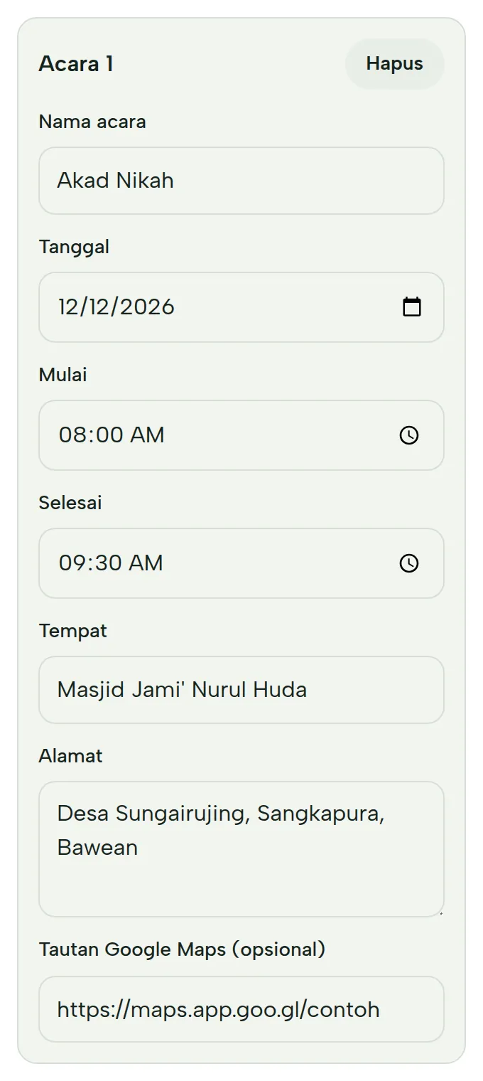 Isian acara: nama acara, tanggal, jam mulai dan selesai, tempat, alamat, tautan Google Maps