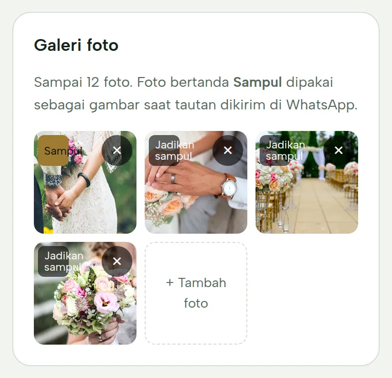 Galeri foto dengan tanda Sampul dan tombol Tambah foto