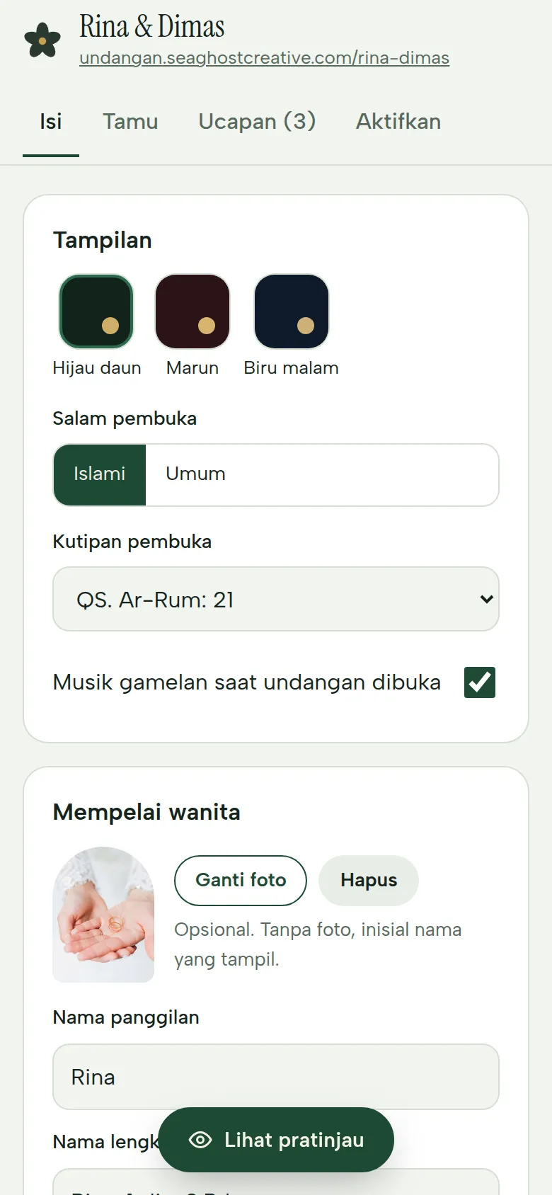 Halaman kelola dengan tombol Lihat pratinjau di bawah
