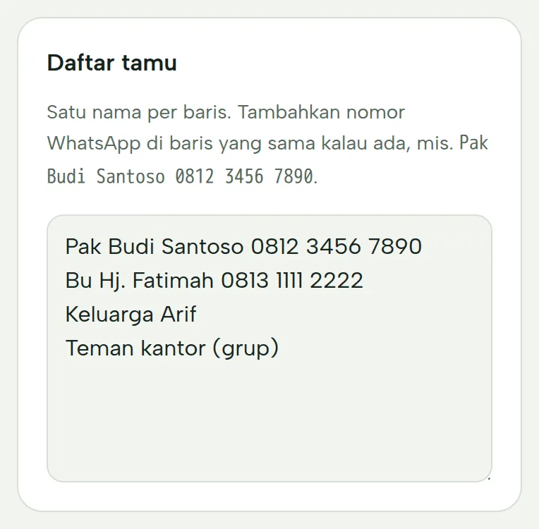 Kotak Daftar tamu berisi nama dan nomor WhatsApp